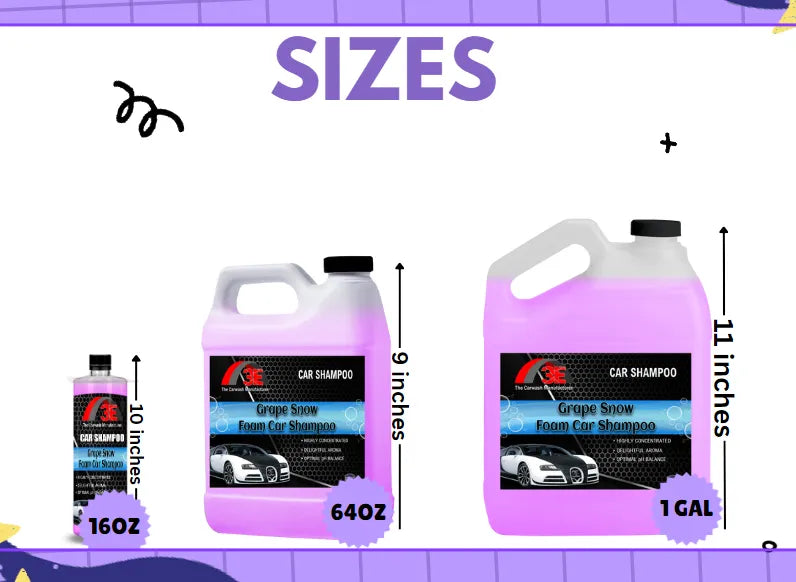 3E Grape Snow Foam Car Shampoo sizes 16oz, 64oz, 1 gallon – high foam car wash soap for detailers and car care.