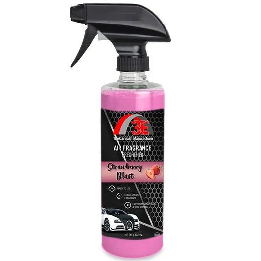 3E Strawberry Blast Air Freshener 16oz spray bottle with sweet strawberry scent, long-lasting fragrance, and odor eliminator formula.