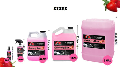 3E Strawberry Blast Air Freshener size chart showing 4oz spray, 16oz bottle, 64oz half gallon, 1 gallon, and 5 gallon containers with product height measurements.
