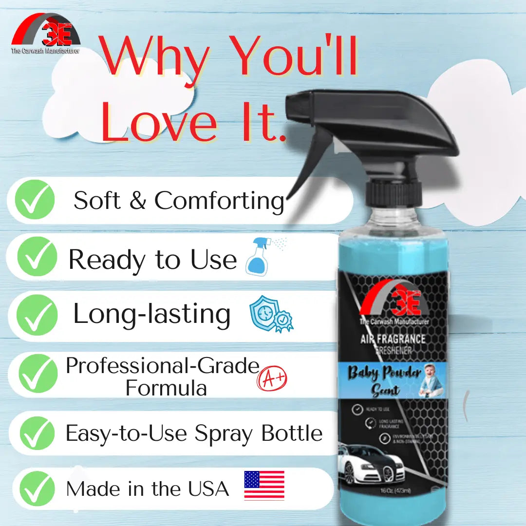 3E The Carwash Manufacturer Baby Powder Air Freshener and Car Odor Eliminator 16oz with key benefits.
