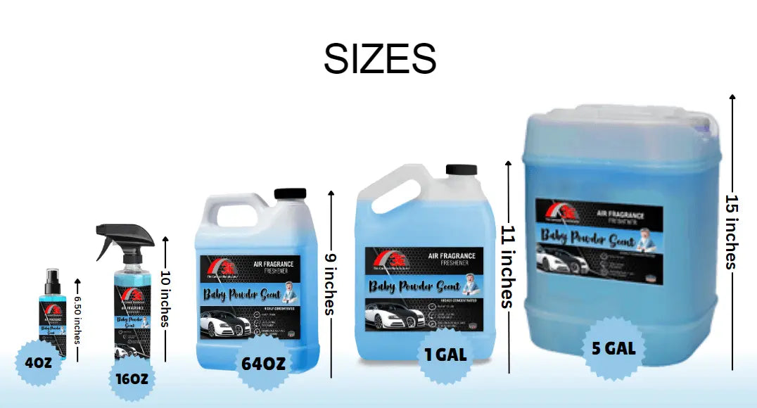 3E The Carwash Manufacturer Baby Powder Air Freshener and Car Odor Eliminator available in 4oz to 5 gallon sizes.