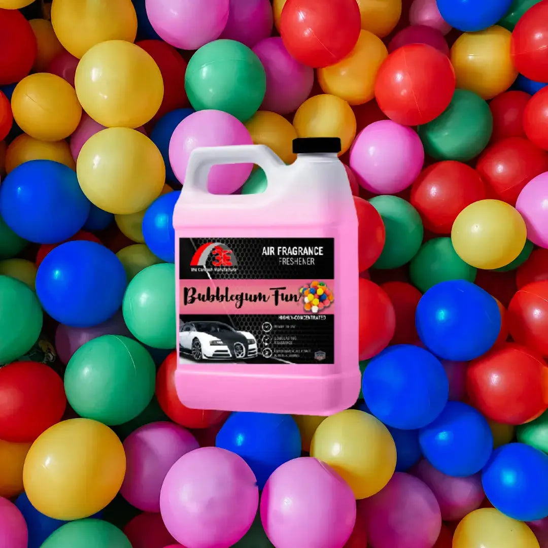 3E The Carwash Manufacturer Bubblegum Fun Air Freshener and Odor Neutralizer 64oz container with bubblegum background.