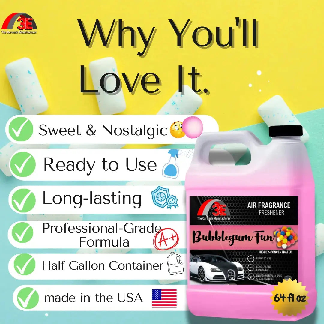 3E The Carwash Manufacturer Bubblegum Fun Air Freshener and Odor Neutralizer 64oz with product benefits.
