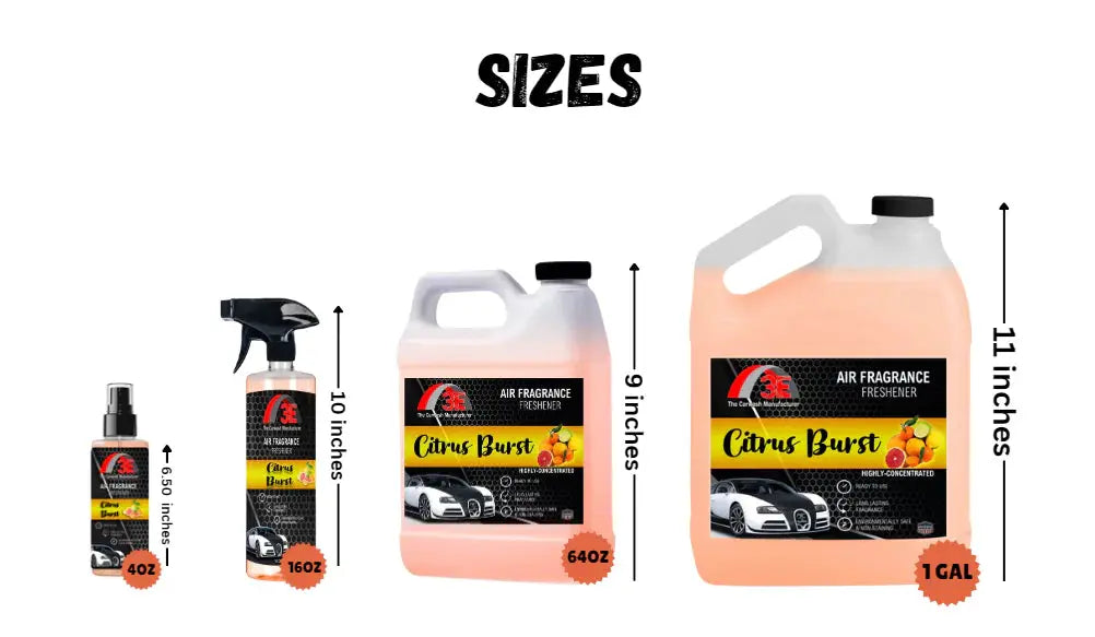 3E The Carwash Manufacturer Citrus Burst Air Freshener and Odor Eliminator available in 4oz, 16oz, 64oz, and 1 gallon sizes.