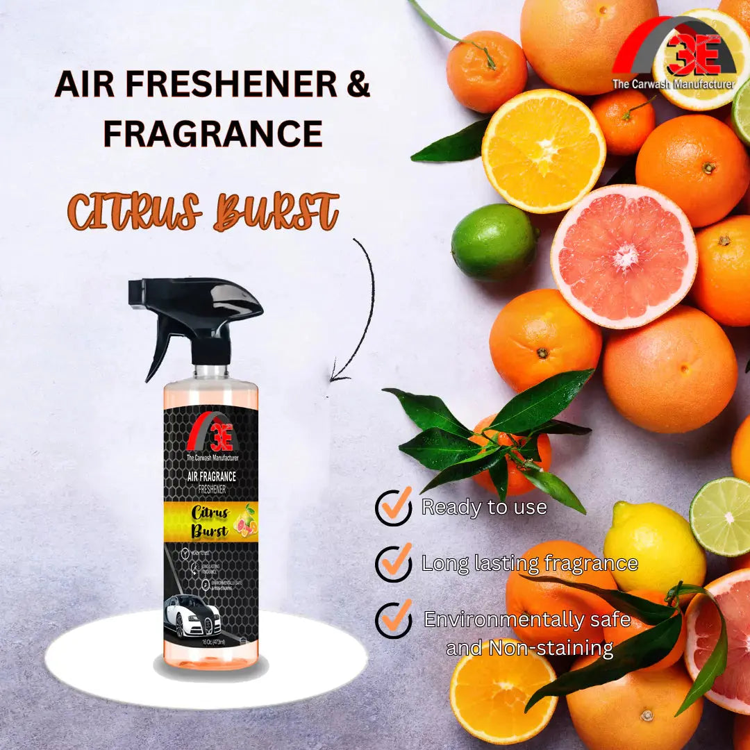3E The Carwash Manufacturer Citrus Burst Air Freshener and Odor Neutralizer 16oz spray bottle with citrus fruits.