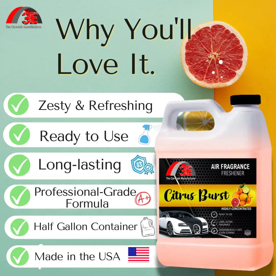 3E The Carwash Manufacturer Citrus Burst Air Freshener and Odor Neutralizer 64oz with product benefits.