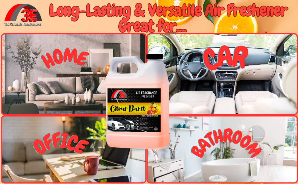 3E The Carwash Manufacturer Citrus Burst Air Freshener and Odor Neutralizer for home, car, office, and bathroom use.