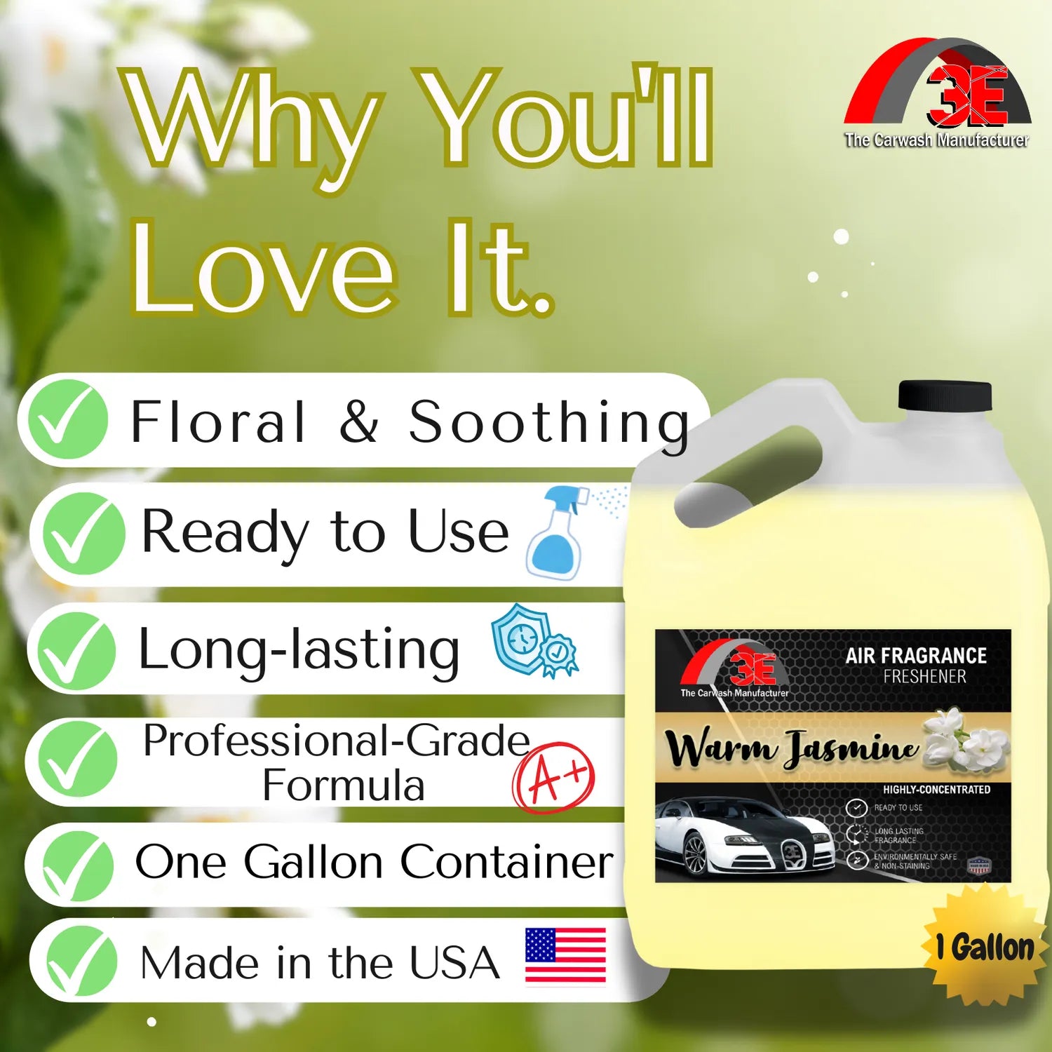 3E Warm Jasmine Air Freshener – one gallon container with floral soothing scent, long-lasting and ready-to-use formula, made in the USA.