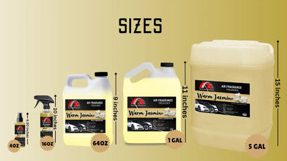 3E Warm Jasmine Air Freshener size options – 4oz, 16oz, 64oz, 1 gallon, and 5 gallon containers.