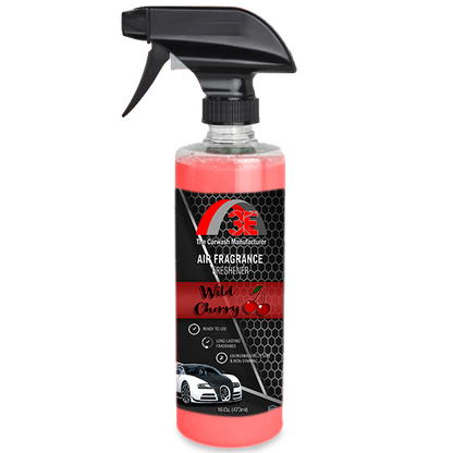 Front view of 16 oz Wild Cherry car air freshener spray bottle with clear label and trigger spray nozzle