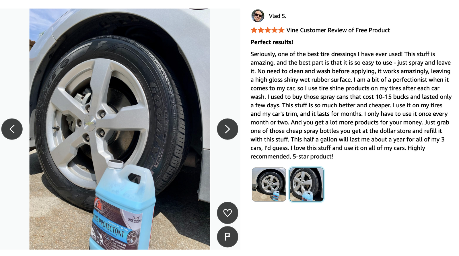 Customer review showing 3E Blue Protection tire dressing beside a clean car tire with a glossy wet shine finish.