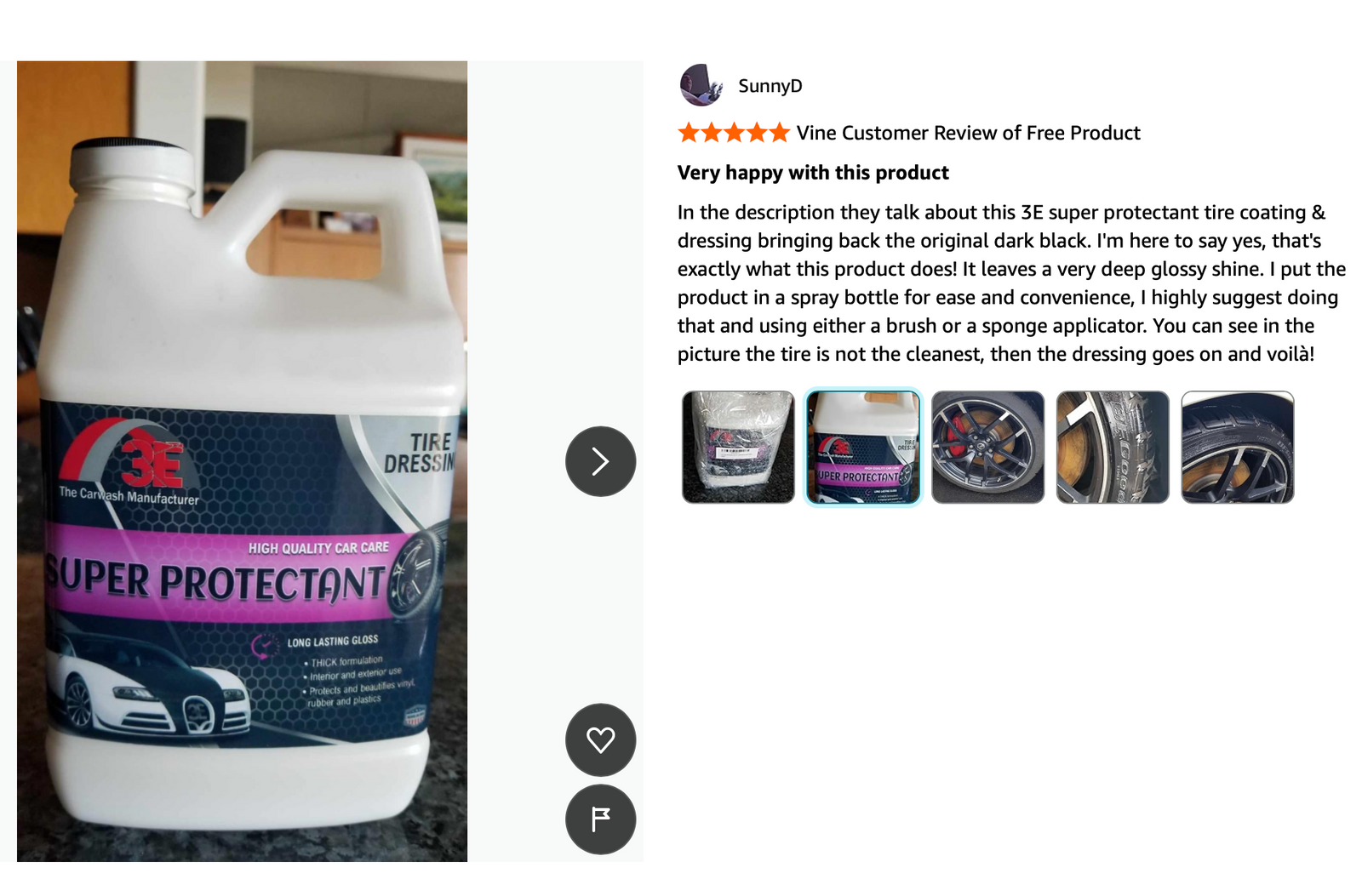 Customer review showing 3E Super Protectant tire dressing bottle beside glossy tires restored to a dark, rich black shine.