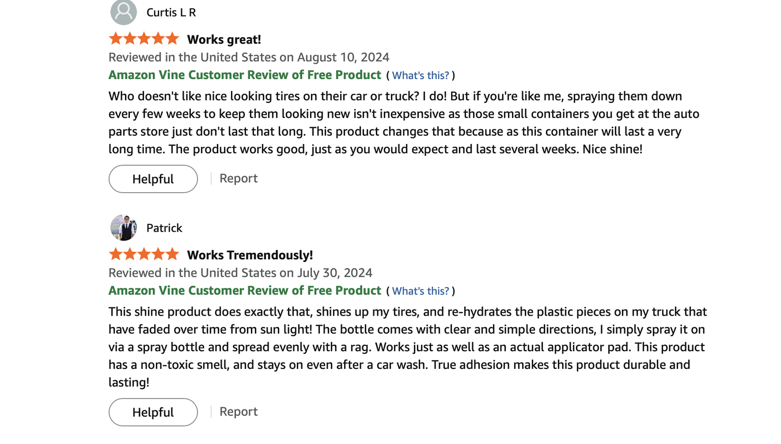 Customer reviews praising 3E tire dressing for long-lasting shine, durability, and easy spray application on car tires.
