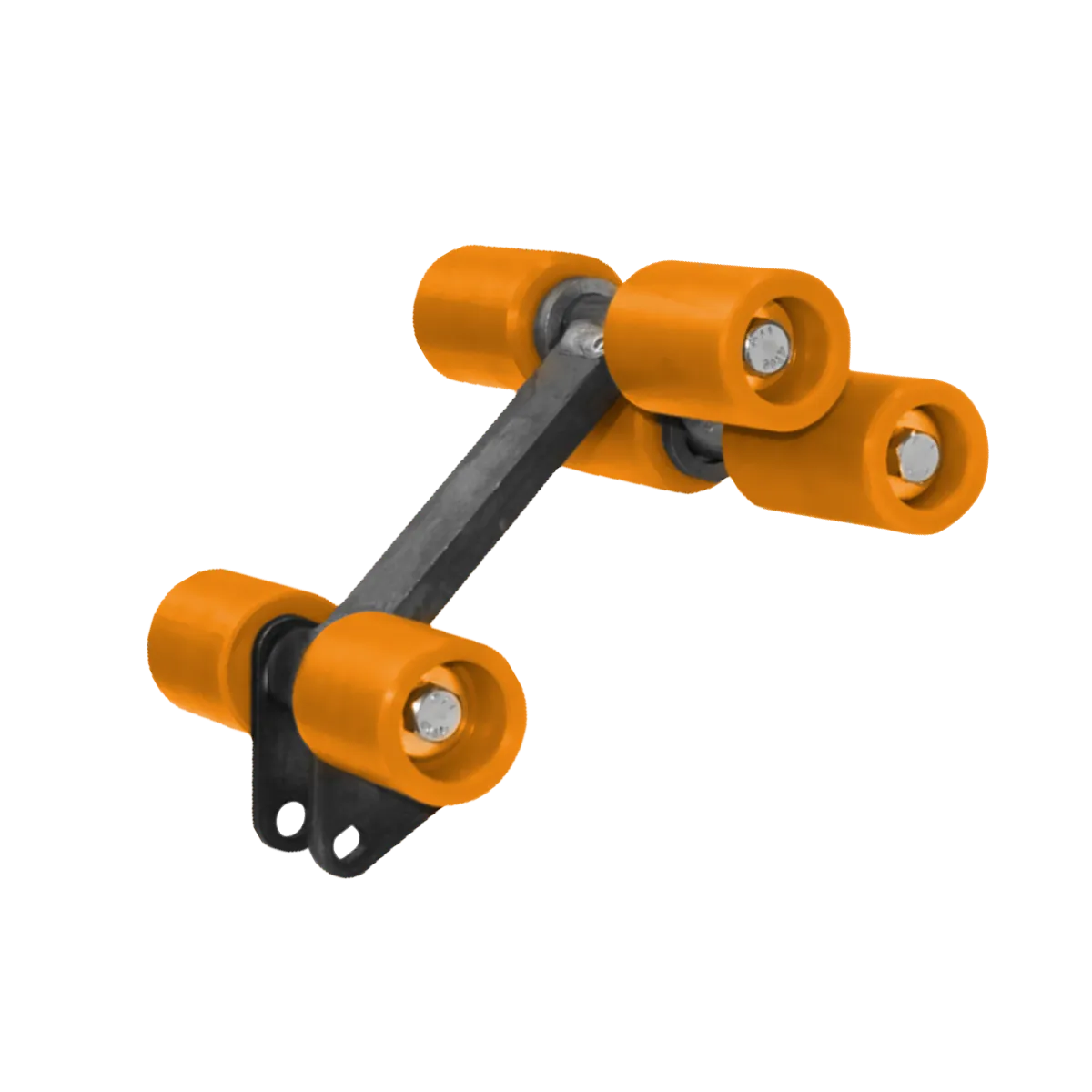 6-wheel Belanger roller assembly with C188 triangle plate, orange UHMW rollers and black steel frame by 3E The Carwash Manufacturer.