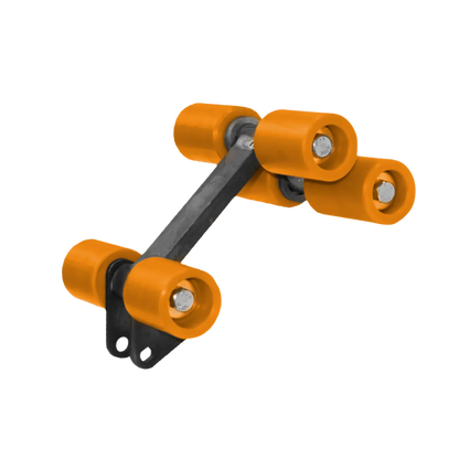 6-wheel Belanger roller assembly with C188 triangle plate, orange UHMW rollers and black steel frame by 3E The Carwash Manufacturer.
