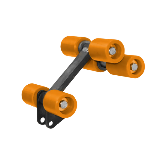 6-wheel Belanger roller assembly with C188 triangle plate, orange UHMW rollers and black steel frame by 3E The Carwash Manufacturer.