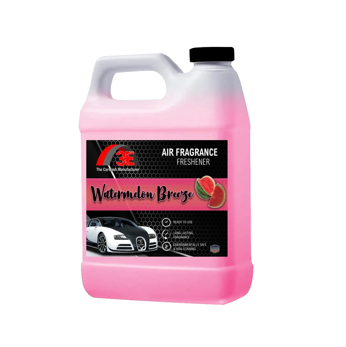 64 oz Watermelon Breeze Air Freshener by 3E The Carwash Manufacturer – long-lasting sweet scent and odor eliminator in pink liquid container.