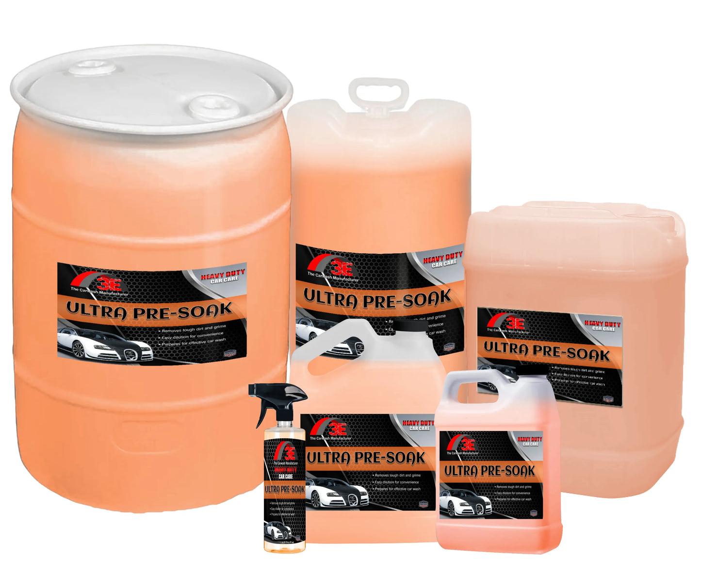 All bulk sizes of Ultra Pre-Soak car wash pre soak solution – best pre soak chemical for car washes and tunnel systems USA.