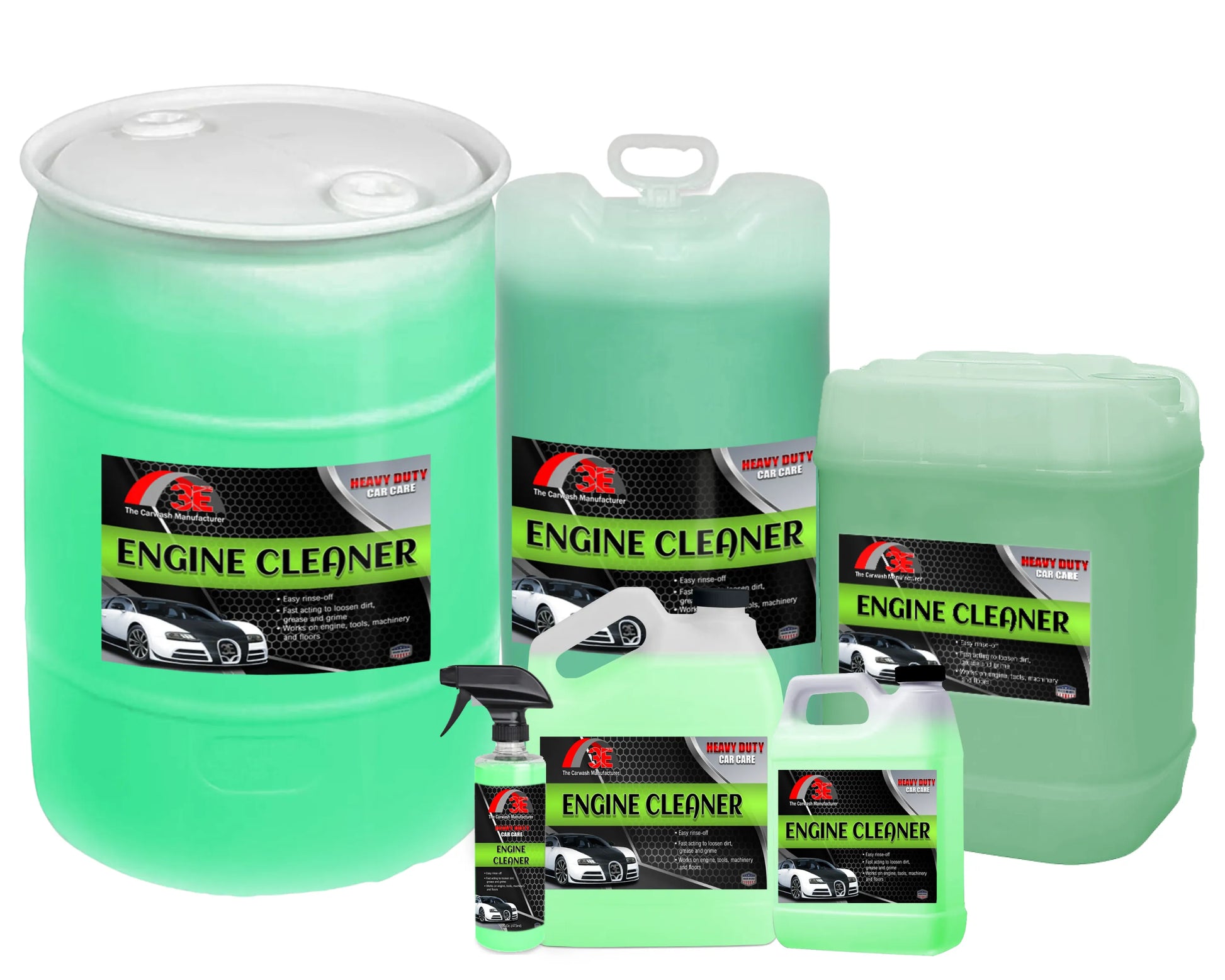 All sizes of 3E engine cleaner and car degreaser – heavy duty automotive degreaser for engines, wheels, and car wash owners.