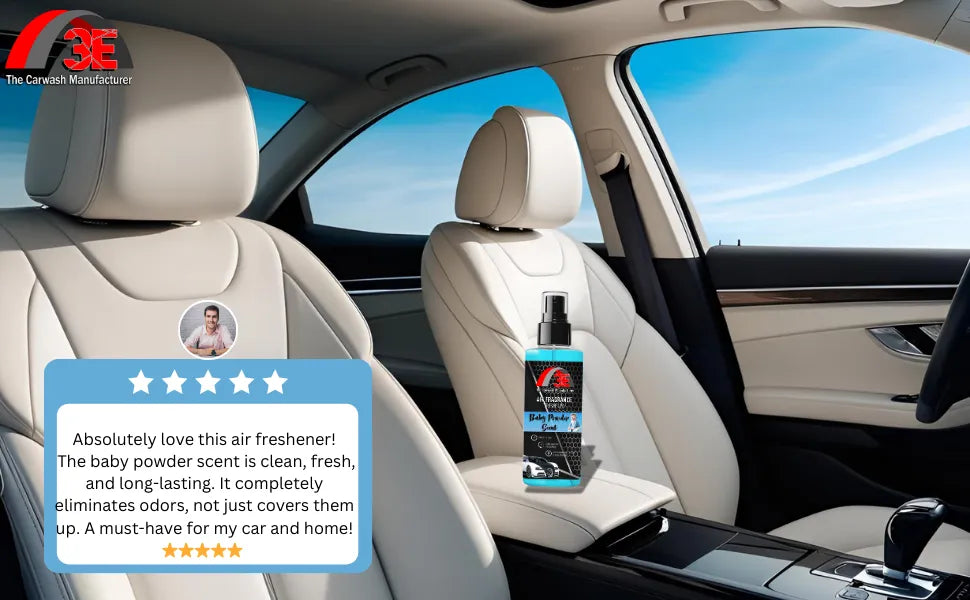 Baby Powder Scent Air Freshener testimonial showing spray bottle in car with review praising fresh, clean, long-lasting odor removal.