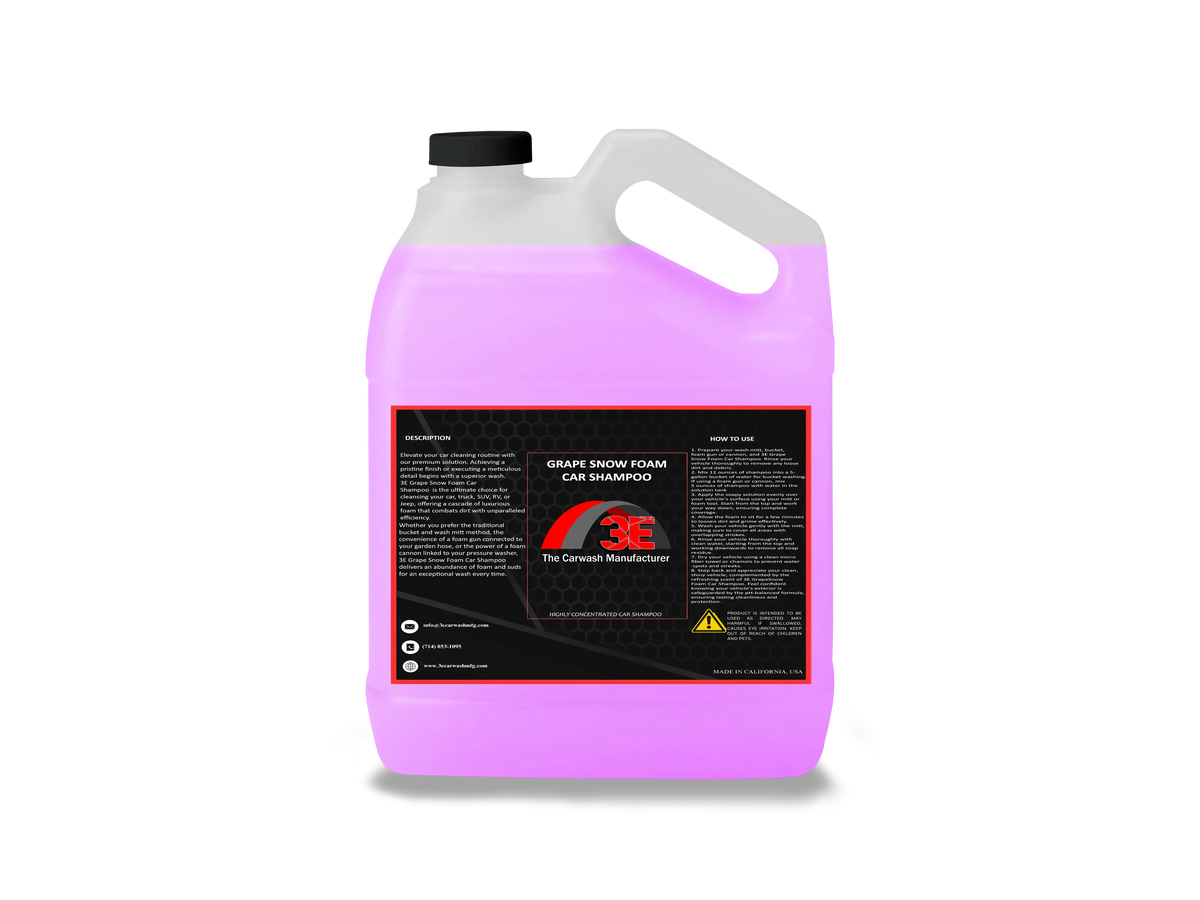 Back label of 1 Gallon Grape Snow Foam Car Shampoo with product description, usage instructions, and safety info.