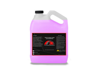 Back label of 1 Gallon Grape Snow Foam Car Shampoo with product description, usage instructions, and safety info.