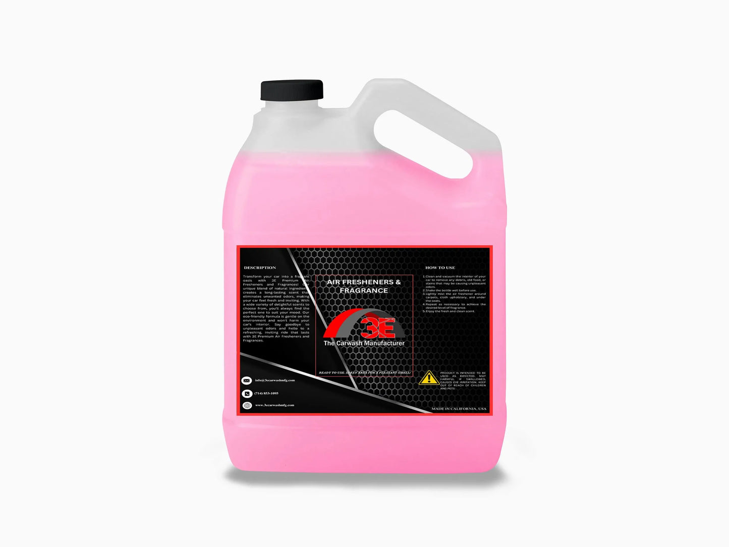 Back label of 3E Strawberry Blast Air Freshener 1 Gallon – usage instructions, description, and safety details.