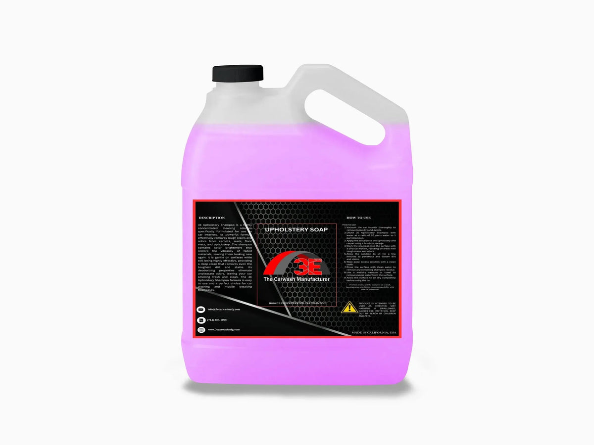 Back label of Upholstery Shampoo 1 gallon with product description, usage directions, and safety information.
