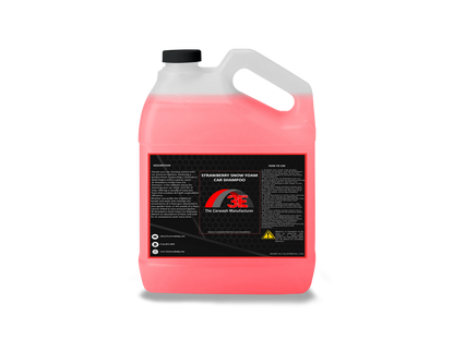 Back view of 1 gallon Strawberry Snow Foam Car Shampoo with directions and safety information.