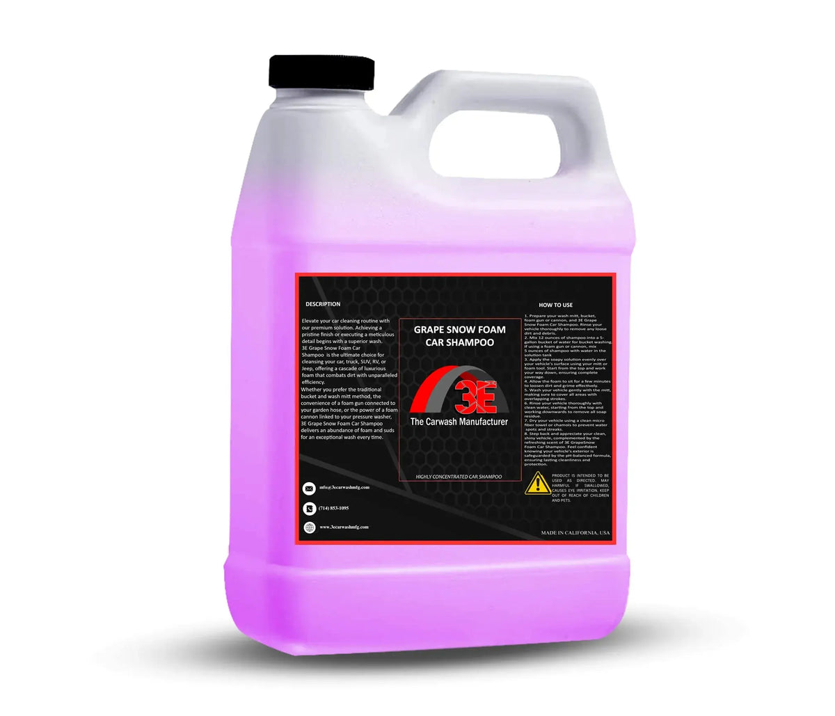 Back view of 3E Grape Snow Foam Car Shampoo 64oz with usage instructions and product description.