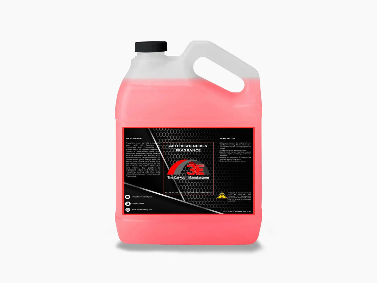 Back view of 1-gallon 3E Wild Cherry Car Air Freshener & Odor Eliminator with product description, usage directions, and safety information on the label.