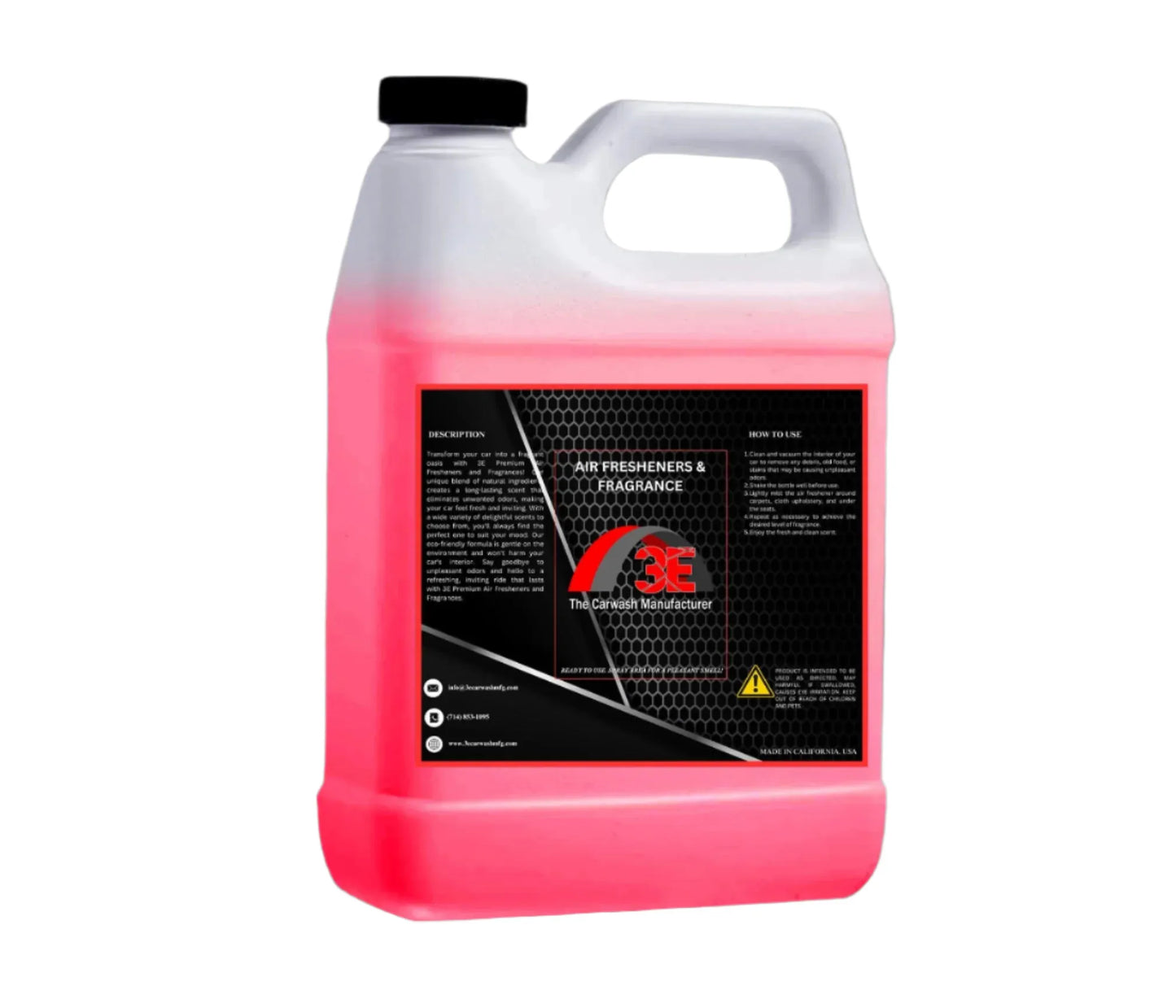 Back view of 64oz 3E Wild Cherry Car Air Freshener – label showing product description, usage directions, and safety information.