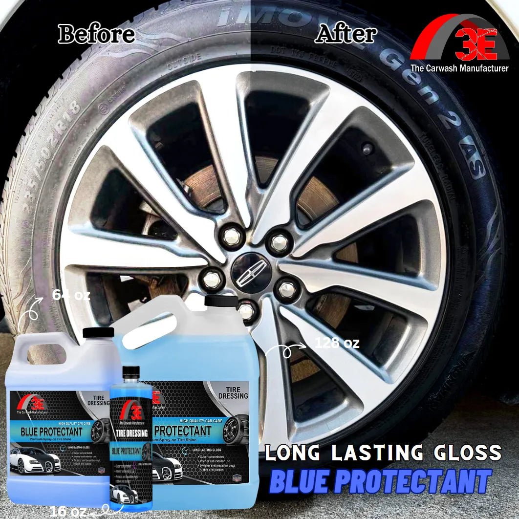 Before and after using Blue Protectant tire dressing – premium tire shine for tire cleaning and protection.