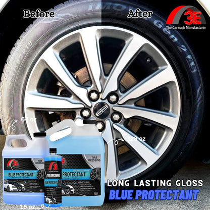 Before and after using Blue Protectant tire dressing – premium tire shine for tire cleaning and protection.