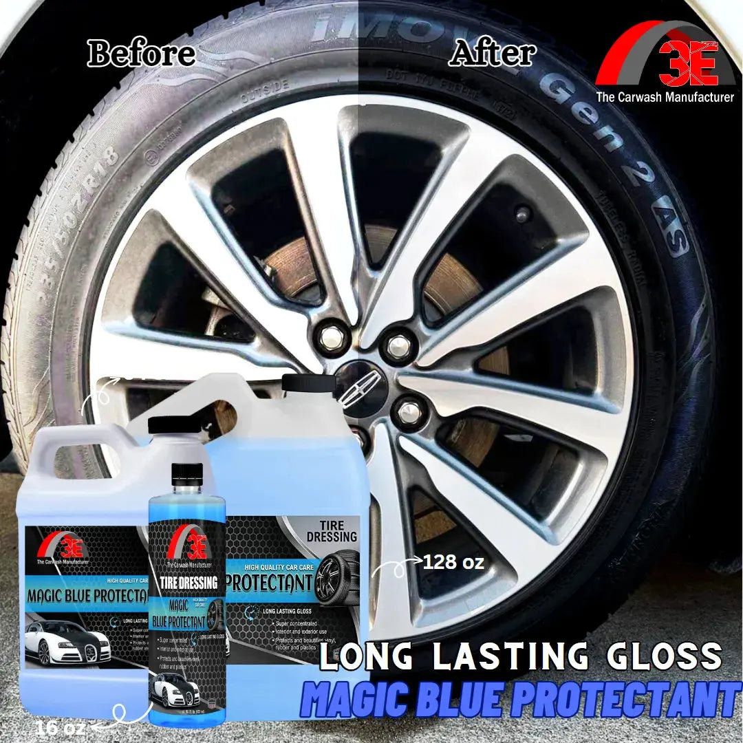 Before and after using Magic Blue Protectant – premium high gloss tire shine and best tire cleaner and shine.