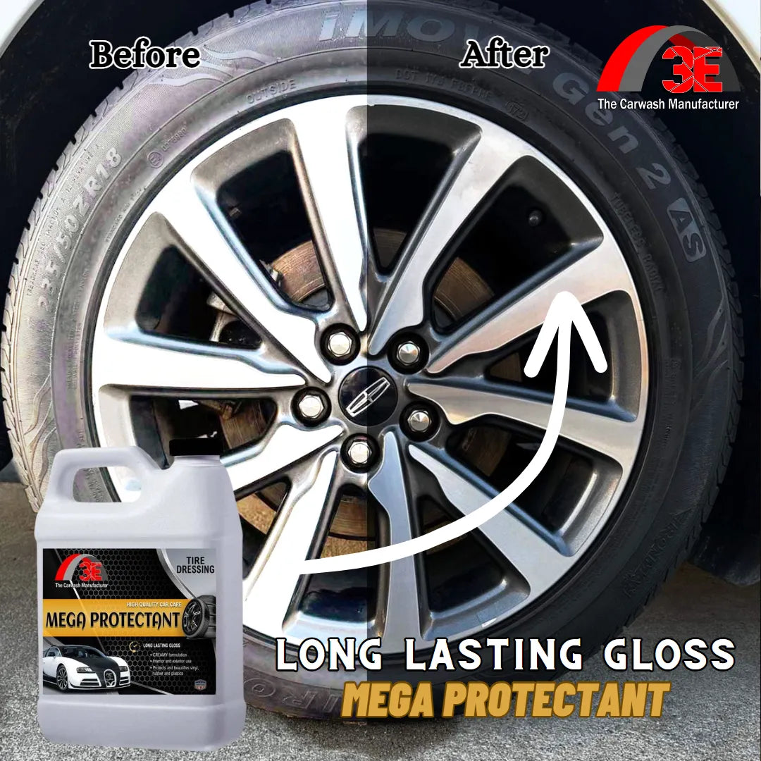 Before and after using Mega Protectant tire dressing – premium tire shine high gloss for tire cleaning and glow.