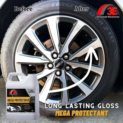 Before and after using Mega Protectant tire dressing – premium tire shine high gloss for tire cleaning and glow.