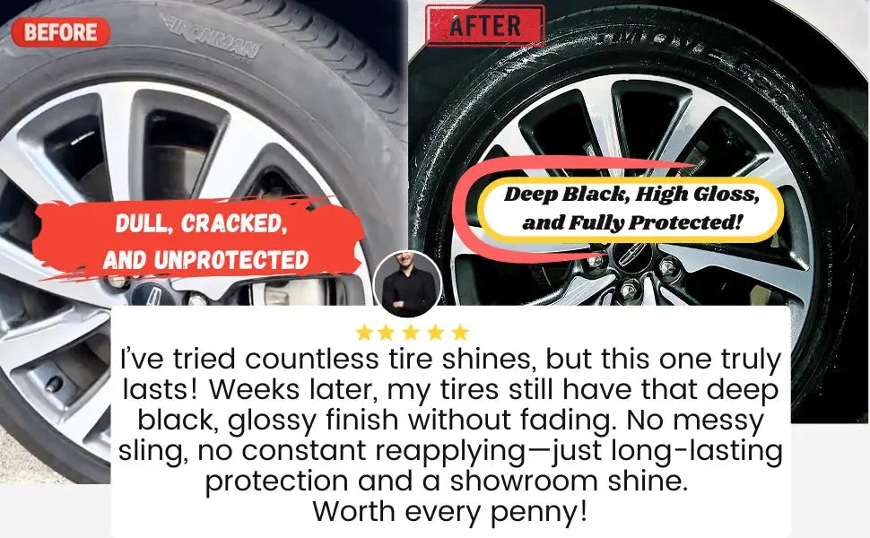 Before and after using Super Protectant – silicone based high gloss tire dressing for best tire cleaner and shine.