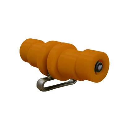 Belanger DuraTrans roller assembly with X458 carrier link featuring heavy-duty UHMW rollers and steel frame for car wash conveyors.