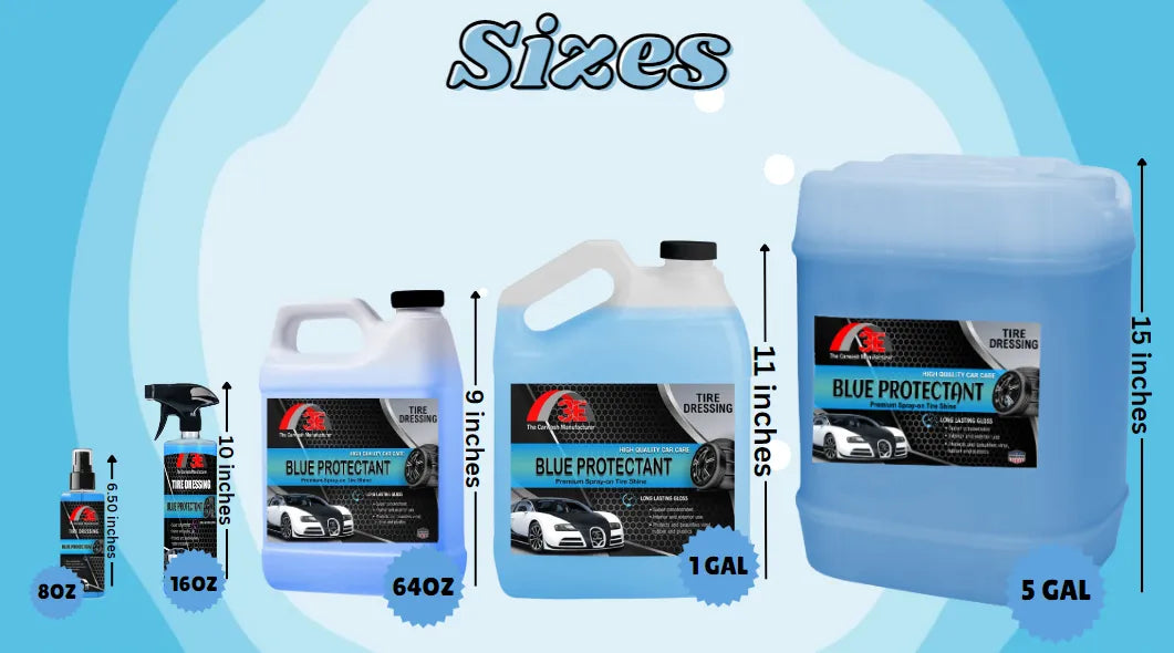 Blue Protectant tire shine – high gloss tire dressing products in 8oz, 16oz, 64oz, 1 gallon, and 5 gallon sizes for tire cleaning.