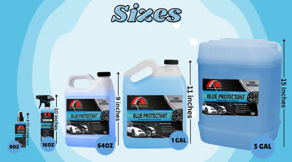 Blue Protectant tire shine – high gloss tire dressing products in 8oz, 16oz, 64oz, 1 gallon, and 5 gallon sizes for tire cleaning.