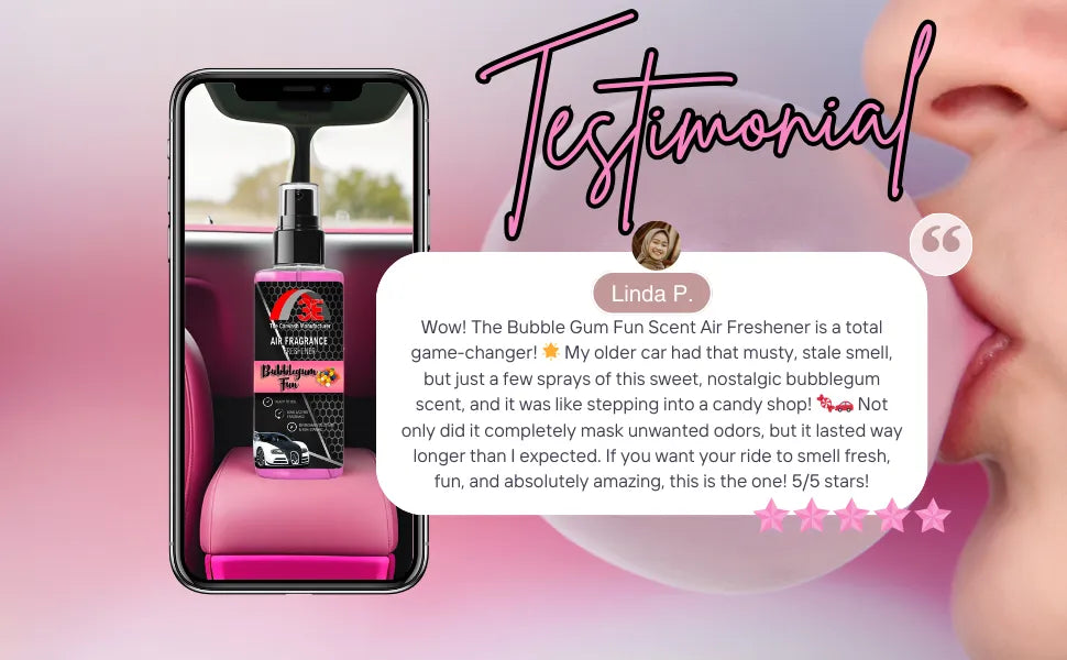 Bubble Gum Fun Air Freshener testimonial showing 16oz spray bottle with review praising sweet candy-like scent and long-lasting freshness.