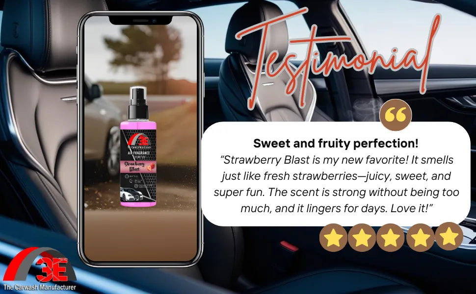 Customer testimonial for 3E Strawberry Blast Air Freshener, highlighting its sweet fruity scent like fresh strawberries, with strong long-lasting fragrance and five-star review.