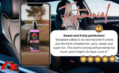 Customer testimonial for 3E Strawberry Blast Air Freshener, highlighting its sweet fruity scent like fresh strawberries, with strong long-lasting fragrance and five-star review.