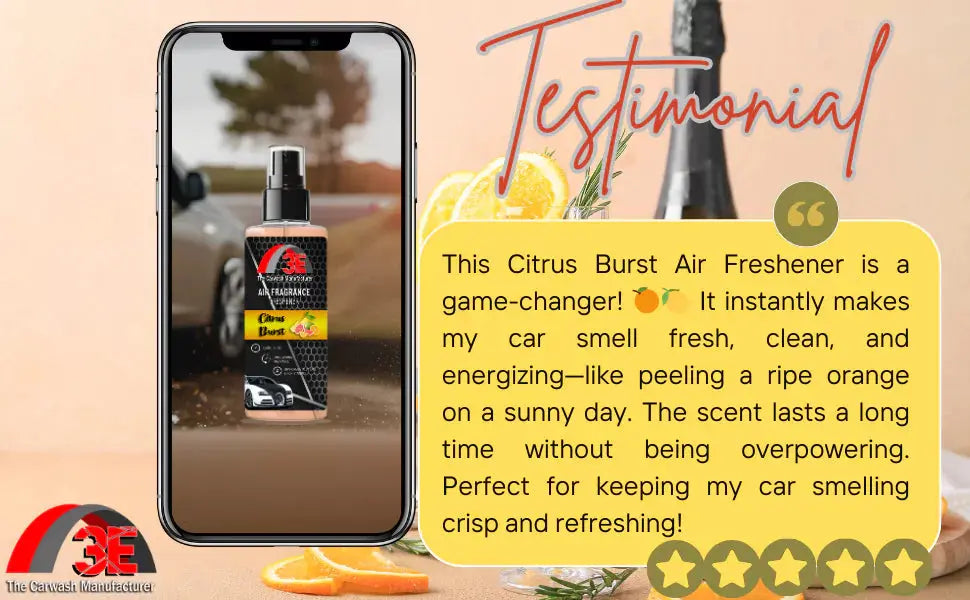 Customer testimonial for 3E The Carwash Manufacturer Citrus Burst Air Freshener and Odor Neutralizer.