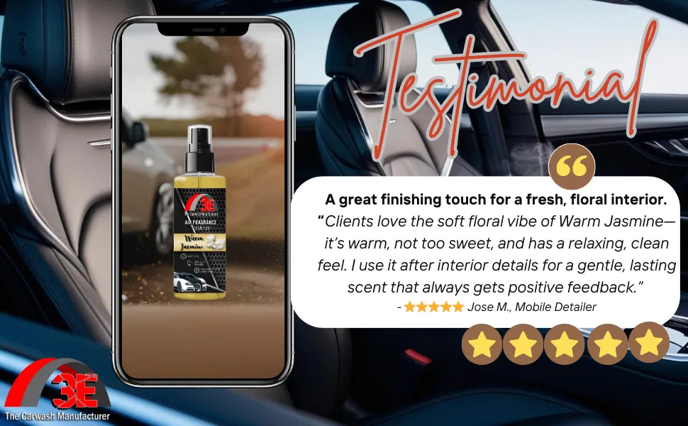 Customer testimonial for 3E Warm Jasmine Air Freshener – praised for its soft floral scent, relaxing clean feel, and long-lasting freshness.