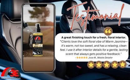 Customer testimonial for 3E Warm Jasmine Air Freshener – praised for its soft floral scent, relaxing clean feel, and long-lasting freshness.