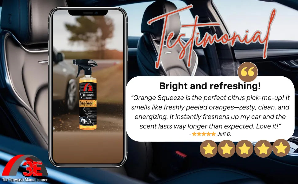 Customer testimonial for Orange Squeeze Air Freshener & Odor Eliminator, praising its zesty citrus scent, long-lasting freshness, and ability to instantly freshen cars.