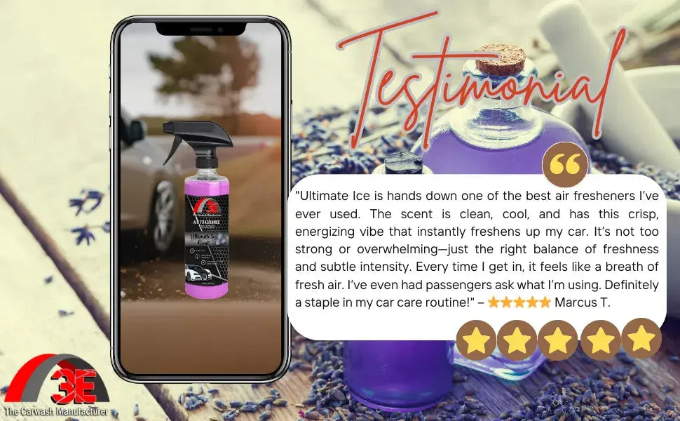 Customer testimonial for 3E Ultimate Ice Air Freshener praising its cool, clean scent and long-lasting freshness for cars.