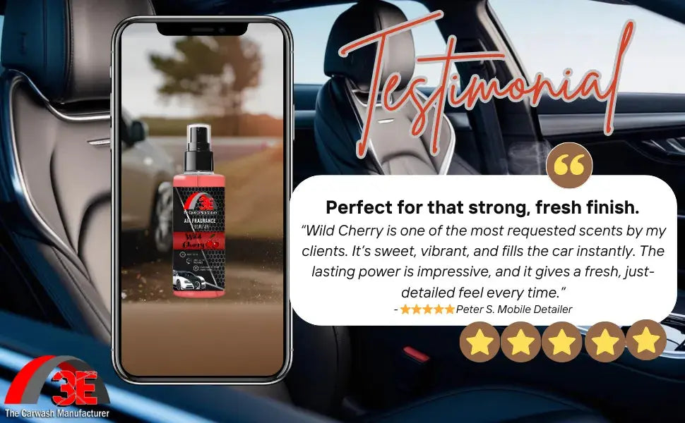 Customer testimonial for 3E Wild Cherry Car Air Freshener – praised for its sweet, vibrant scent, strong odor elimination, and long-lasting fresh finish.